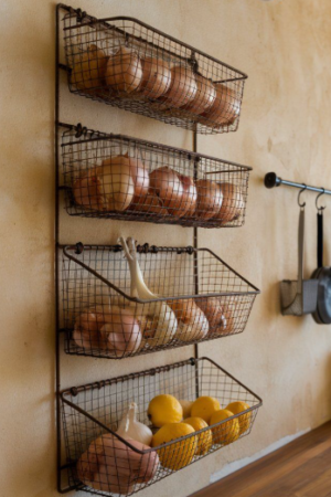 Wall-Mounted Wire Basket Storage Rack for Kitchen & Pantry
